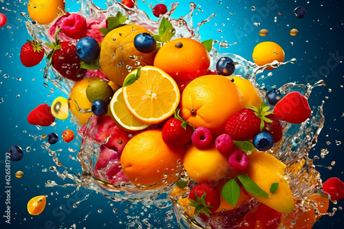 Bunch of fruit is splashing into glass of water with blue background.
