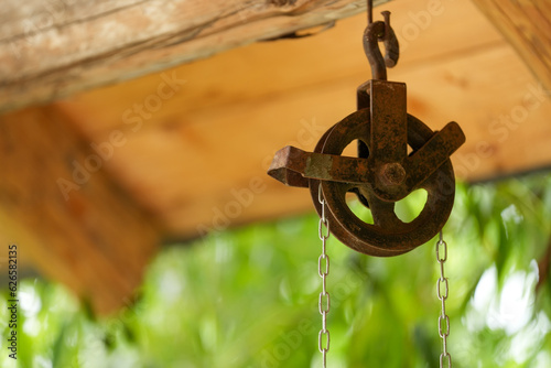pulley. element of a pulley in a barn. detail.