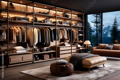 Modern, luxury brown built-in wardrobe for a man in the bedroom, shelves with men's clothing.  © Katerina Bond