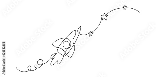 Rocket ship with stars. Continuous line drawing. 