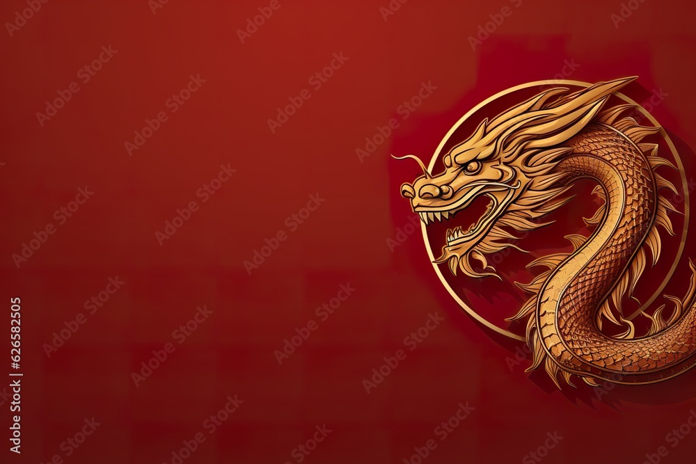 Golden dragon on red background for Chinese New Year. 3D rendering, logo for brand, brand logo, cryptocurrency logo, thin lines, red background