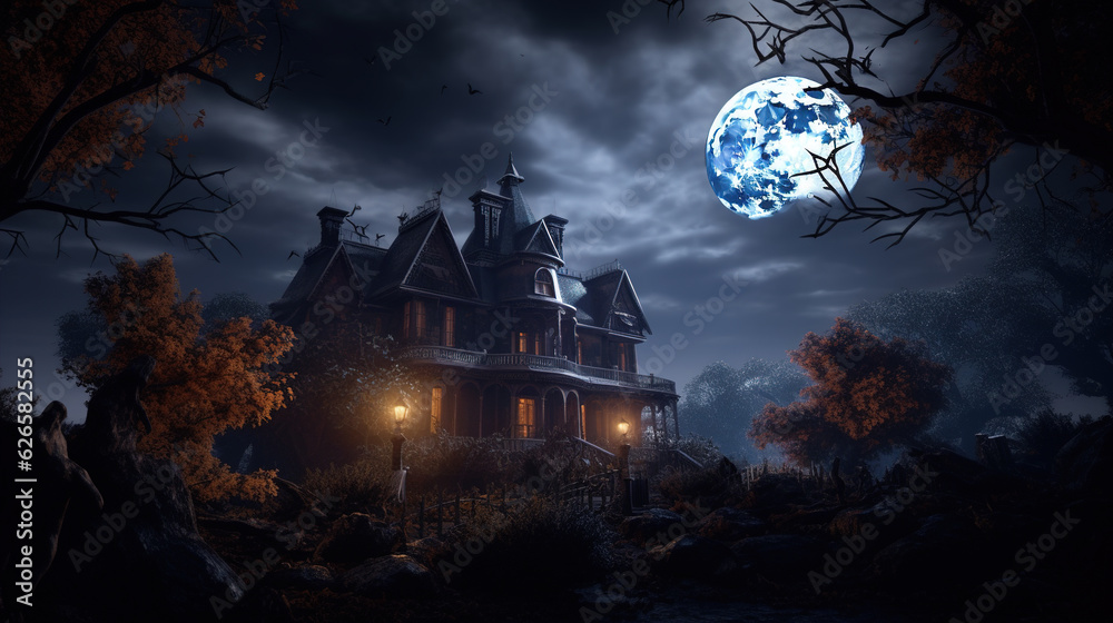 Photo of A spooky haunted house, shrouded in mist and illuminated by eerie moonlight, sends shivers down your spine,halloween