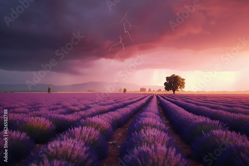 Storm cloud over lavender field, generative ai. © darekb22