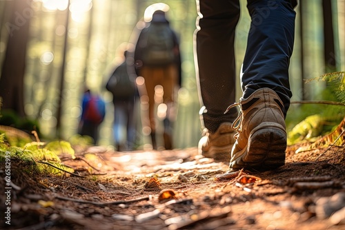 Group of hikers in a summer forest. Escape from the hustle and bustle of the big city. Offline.