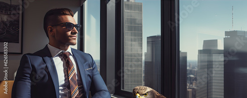 Man in modern suit standing next to an eagle photo