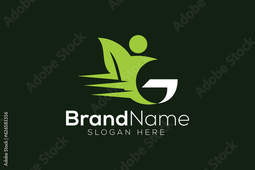 Letter G Eco green leaf man logo design vector template