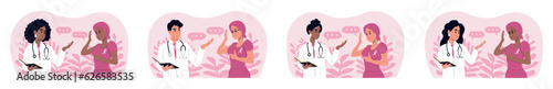 Breast Cancer Awareness Month. Doctors and patients of different races and ages. Male and female doctors talking to cancer patients.