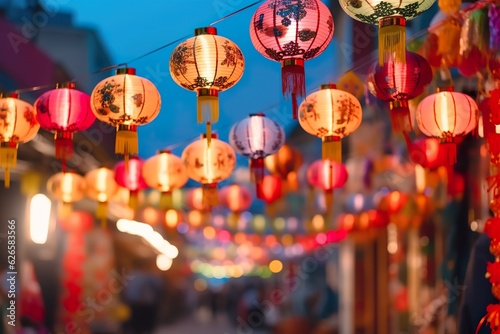 Chinese lunar new year celebration. China town defocused background, Mid Autumn festival with colorful lights