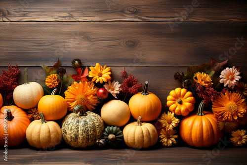 Fall flowers and pumpkins on a wooden background. Autumn banner. Harvest or Thanksgiving day concept. Copy space. Generative AI