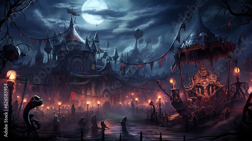 "Ghoulish Carnival" A creepy carnival-themed wallpaper with a sinister twist. An abandoned carousel spins in the moonlight, and ghostly figures ride the ghost train.