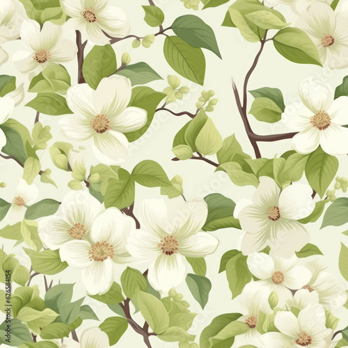 White flowers seamless pattern.Flowers on tree wallpaper. For fabric design. Created with generative AI tools © Lidok_L