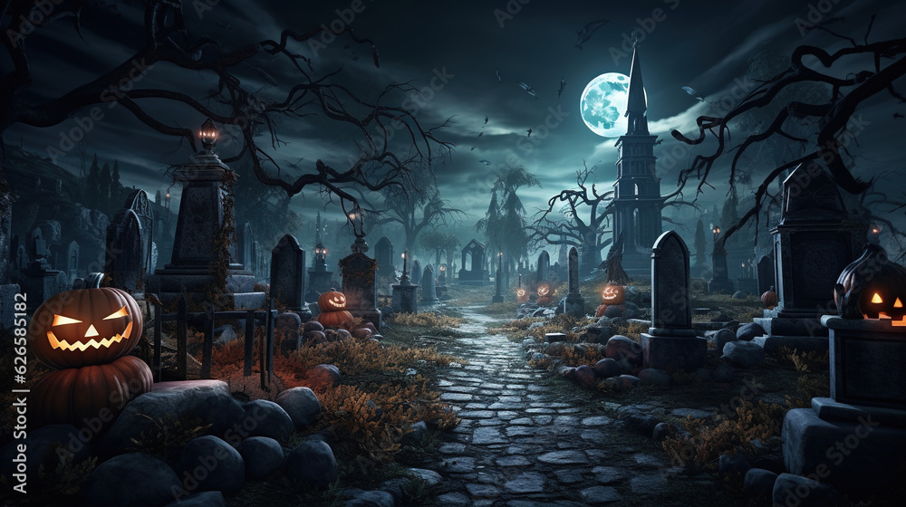 Photo of The full moon casts an enchanting glow over the eerie graveyard, where restless spirits roam, halloween