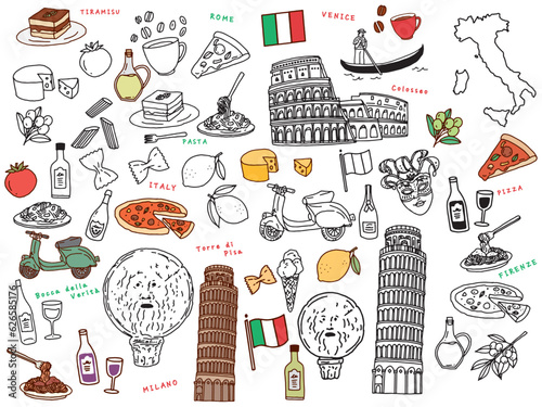 イタリア、ローマの線画イラスト(手描き、アート、ピサの斜塔、コロッセオ、ピザ、パスタ、チーズ、ゴンドラ) A line drawing illustration of Rome, Italy.Hand-drawn, art, Leaning Tower of Pisa, Colosseum, pizza, pasta, cheese and gondola.