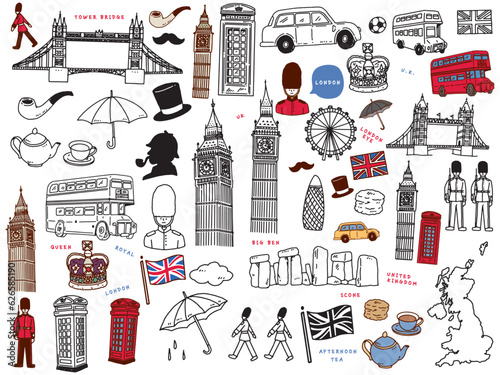 イギリス、ロンドンの線画イラスト(手描き、アート、ビッグ・ベン、ロンドンバス、橋、女王、アフタヌーンティー) A line drawing illustration of London, England.Hand-drawn, Art, Big Ben, London Bus, Bridge, Queen and Afternoon Tea.