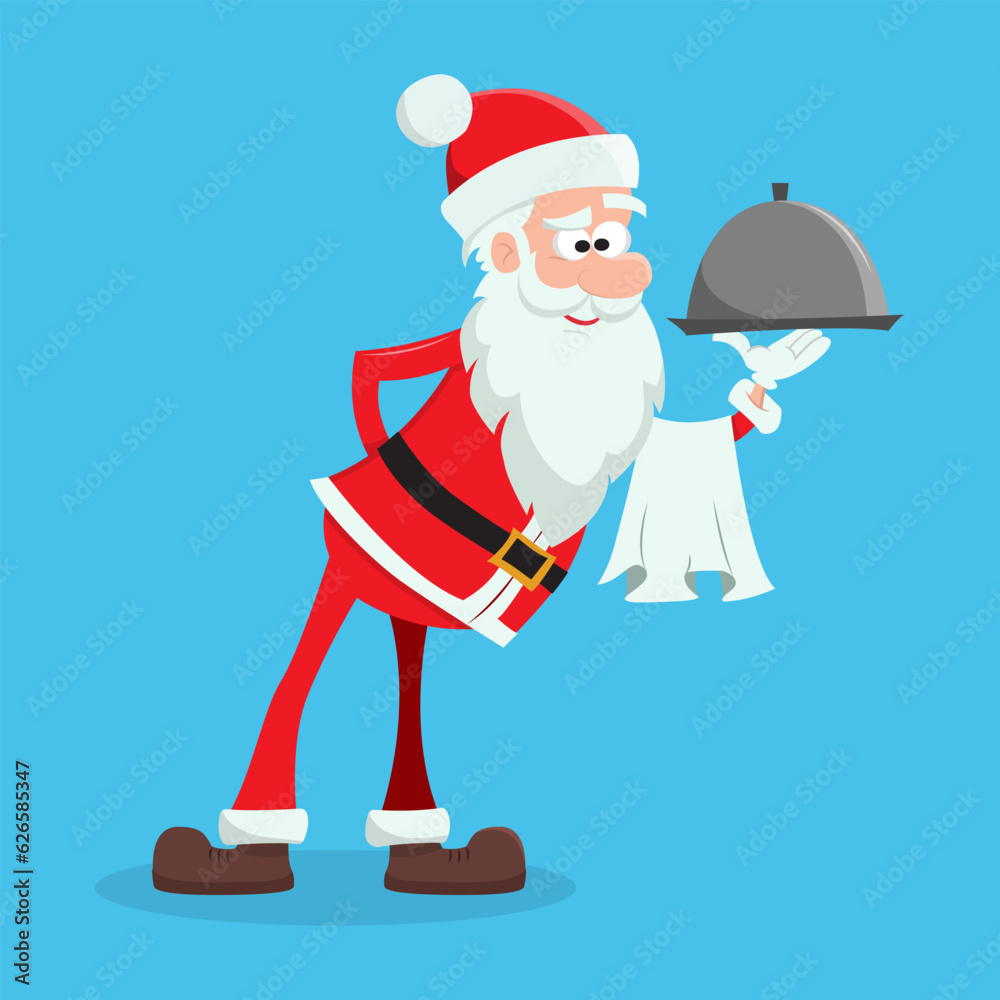 Santa the waiter brought the order. Cute Christmas Santa brought tray and towel. Flat vector illustration. Santa the waiter brought the order. Cute Christmas Santa brought tray and towel. Flat vector illustration.