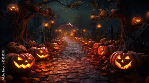 Photo of Glowing Jack-o'-lanterns line the path, guiding trick-or-treaters to a night of sugary delights,halloween © siripimon2525