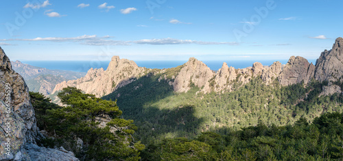 Panorama des montagnes du sud de la Corse, forêt, montagnes, et mer Méditerranée en arrière plan. 
