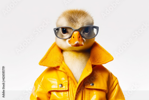 Duck wearing yellow leather jacket with pair of glasses on it's head. photo