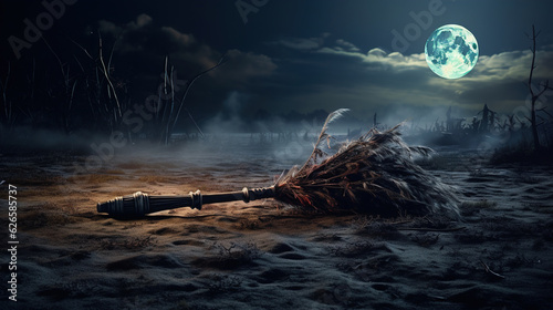 Photo of A witch's broomstick lies abandoned on the ground, as if she flew off into the moonlit sky, halloween