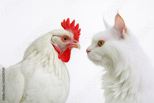 Close up of cat and chicken on white background with red comb. © valentyn640