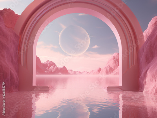 Abstract futuristic metaverse background with sky and arch in pink tones.