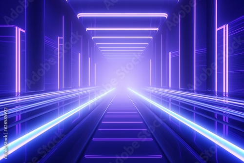 Abstract futuristic metaverse background with corridor in purple tones.