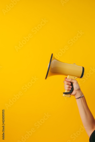 Hand holding yellow and black megaphone on top of yellow background.