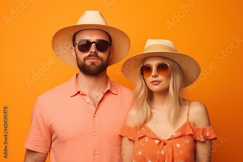 Stylish Couple Sporting Sunglasses, Vacation Escape theme, orange background © thesweetsheep