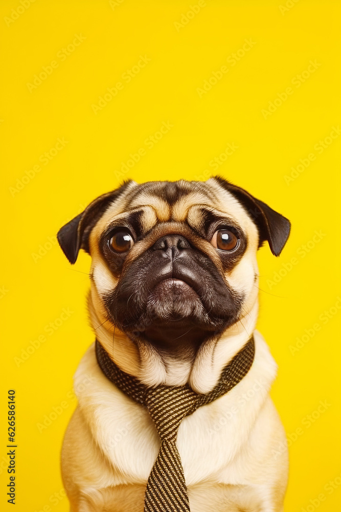Small pug dog wearing collar and looking up at the camera.