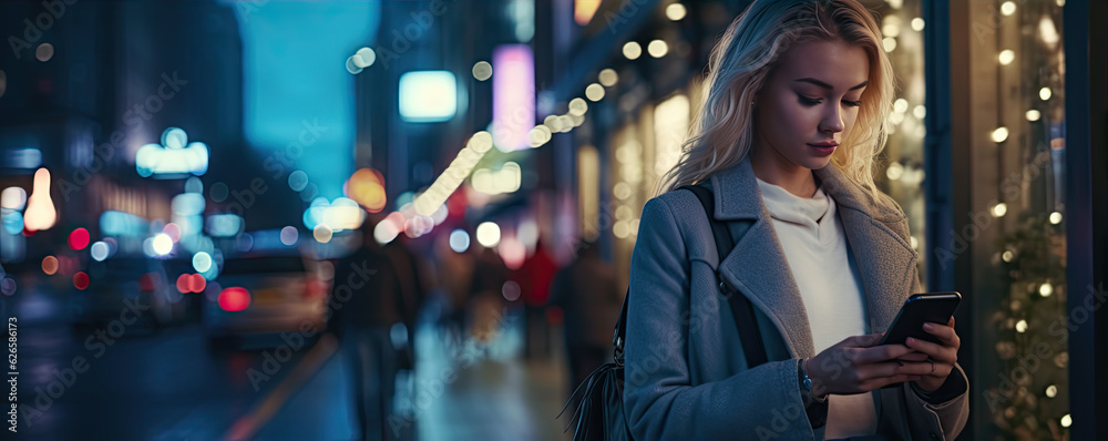 Fototapeta premium Woman using smartphone walking in dark or night city.