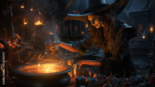 Photo of A wicked witch cackles as she stirs her cauldron, brewing a potion of mischief and magic,halloween