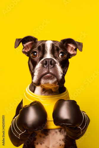 Brown and white dog wearing yellow shirt and black leather gloves with his eyes wide open. © valentyn640