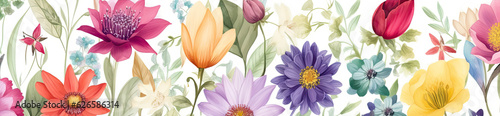 Colorful blooming flowers on white background. Decorative spring illustration. Generative AI