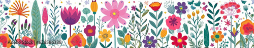 Colorful blooming flowers on white background. Decorative spring illustration. Generative AI
