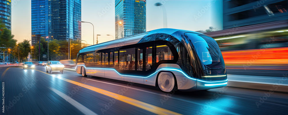 Obraz premium Scifi or futuristic bus in motion in evening city.