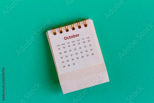 Desktop calendar for October 2023.Calendar for planning for each day.