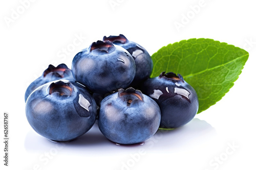 Blueberries isolated on a white background: Blueberries covered in water drops on a pristine white background, celebrating their juicy delight. Generative AI