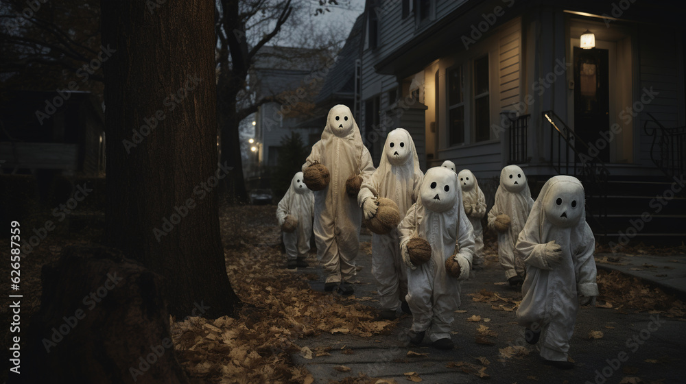 Obraz premium Photo of A pack of adorable little ghosts and goblins roam the neighborhood, seeking candy treasures, halloween