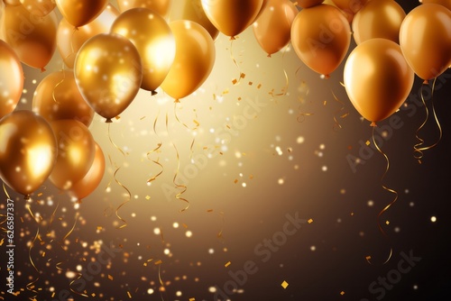 Celebration background with confetti and gold balloons.