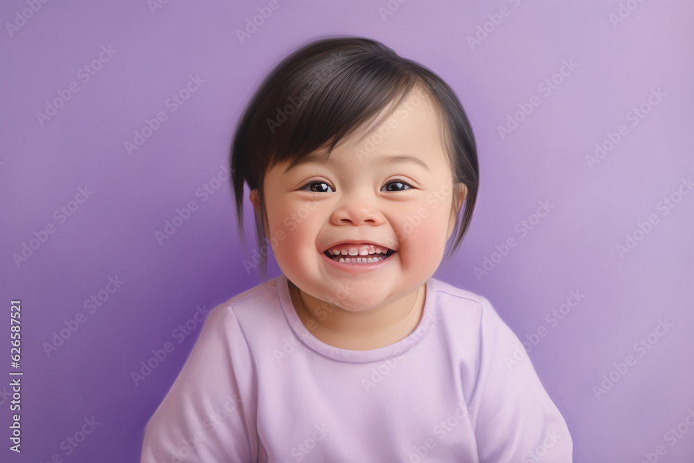 little Asian girl with down syndrome laughing portrait on a purple background little Asian girl with down syndrome laughing portrait on a purple background