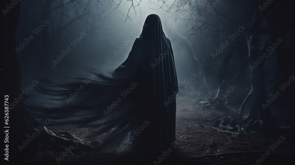 Photo of A mysterious figure in a cloak emerges from the shadows, adding an air of mystique to the night, halloween Photo of A mysterious figure in a cloak emerges from the shadows, adding an air of mystique to the night, halloween