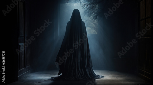 Photo of A mysterious figure in a cloak emerges from the shadows, adding an air of mystique to the night, halloween