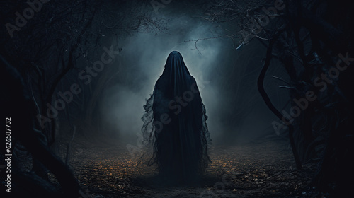 Photo of A mysterious figure in a cloak emerges from the shadows, adding an air of mystique to the night, halloween