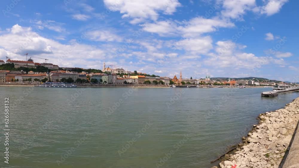 West bank of the Danube river, Castle Royal Palace and Fisherman's Bastion in Budapest, Hungary