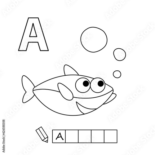 Cartoon shark coloring pages. Learning game for small children - write a word in Russian language. Vector alphabet for kids
