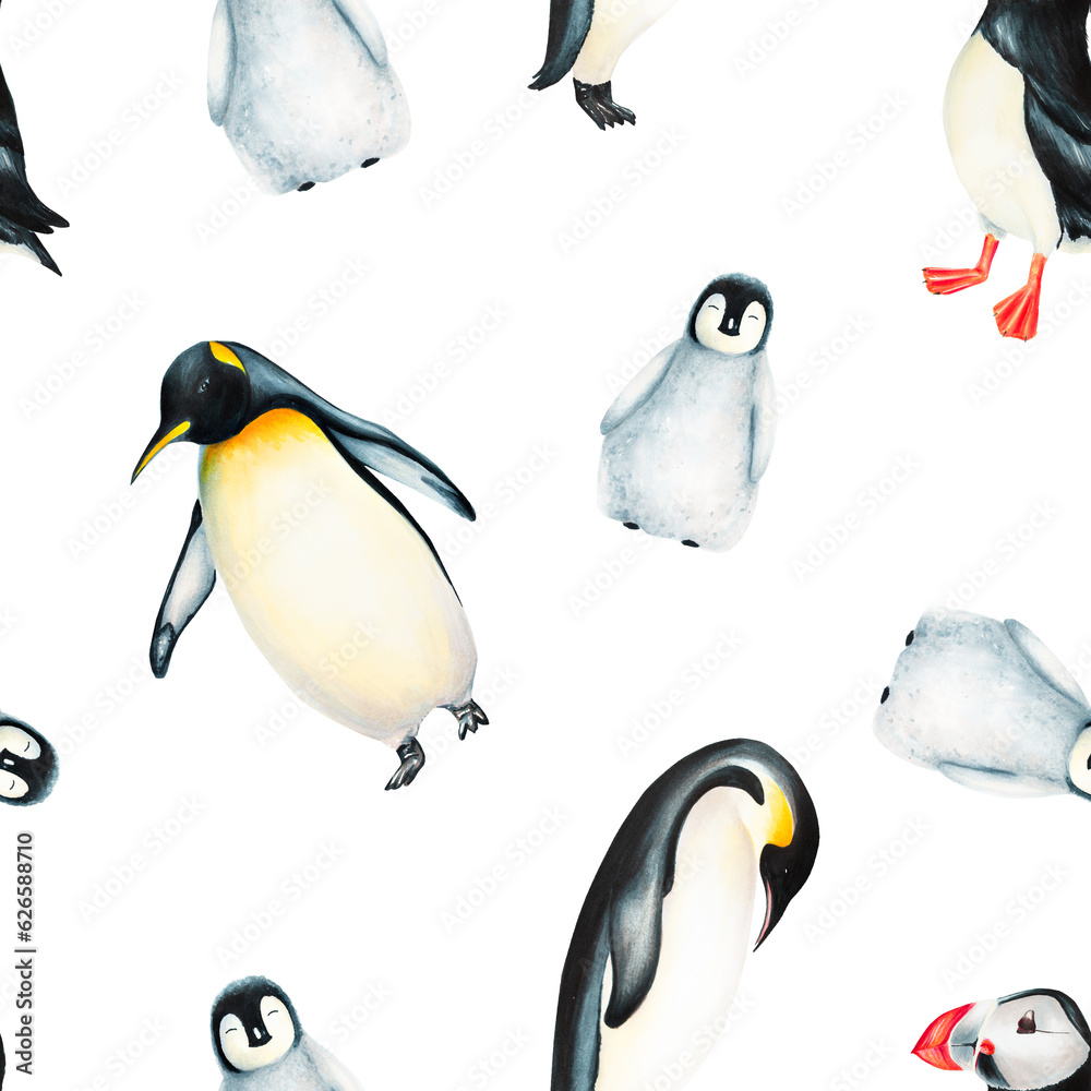 Fototapeta premium Watercolor seamless pattern with king penguins family and puffin bird isolated. Hand painting realistic Arctic and Antarctic ocean mammals. For designers, decoration, postcards, wrapping paper, 