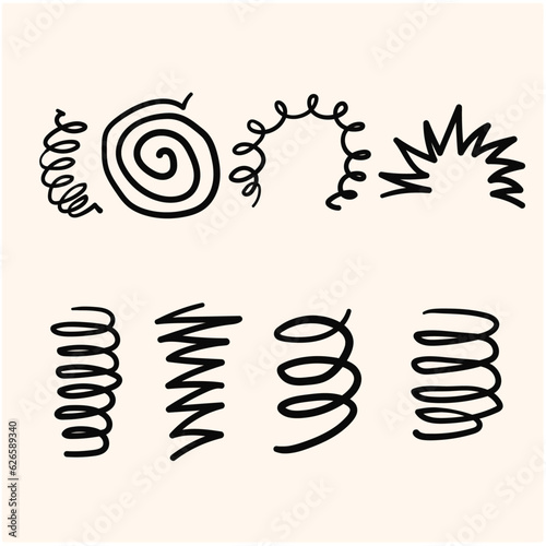 Spiral spring. Flexible coils, wire springs and metal coil spirals silhouette. Vape metallic flexible coils, flexibility steel motor spiral with hand drawn doodle style isolated