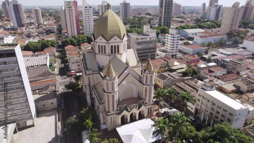 Araraquara, São Paulo, Brazil, circa July 2023: Araraquara seen from above, Basilica São Bento, aerial image.
