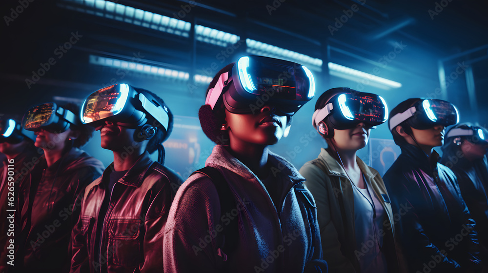 Futuristic portrait of a group wearing a VR headset entering a Cyberpunk-style Virtual Reality world Futuristic portrait of a group wearing a VR headset entering a Cyberpunk-style Virtual Reality world
