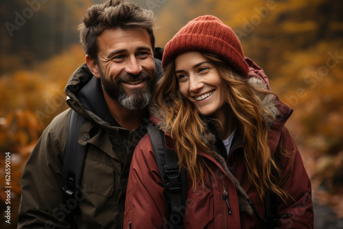 Realistic stock photo of a happy couple in their 30s riding piggybacks in a forest on an autumn day Close-up view.